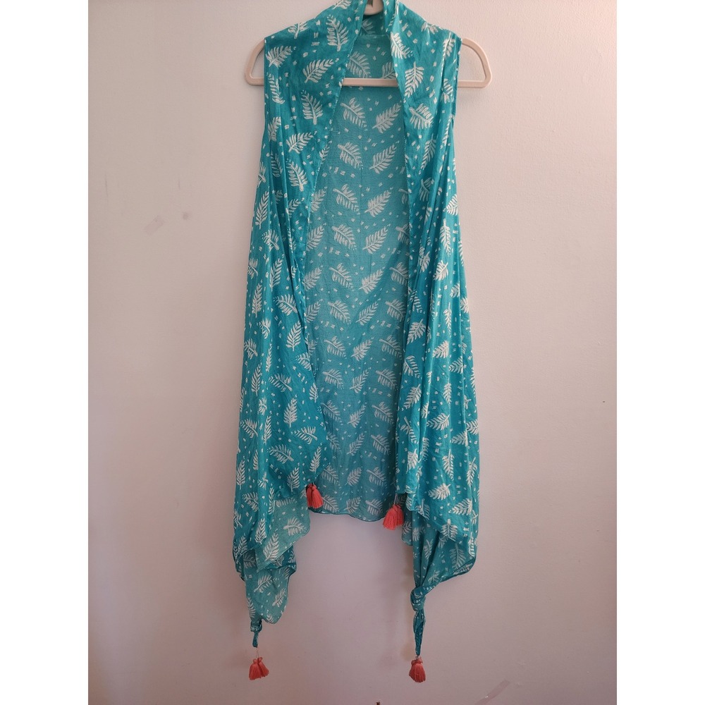 Manglam Teal Tropical Leaf Print Cotton Wrap Scarf Coral Tassels One Size